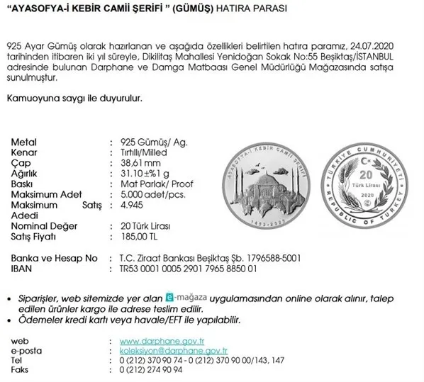 Ayasofya parası satışta! Ayasofya parası nasıl alınır? Ayasofya hatıra parası darphane satın al!