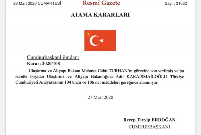 Ulaştırma ve Altyapı Bakanı Cahit Turhan görevden alındı! İşte yerine atanan isim
