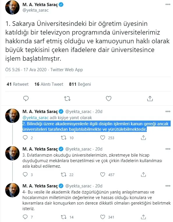 YÖK Başkanı Yekta Saraç: Üniversiteler için çirkin ifadeler kullanılması asla kabul edilemez - 1