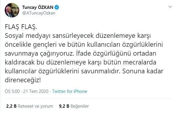 Tuncay Özkan sosyal medya düzenlemesine Direneceğiz dedi görüşmelere katılmadı