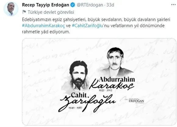 Son dakika: Başkan Erdoğan şair Abdurrahim Karakoç ve Cahit Zarifoğlu'nu andı - 1