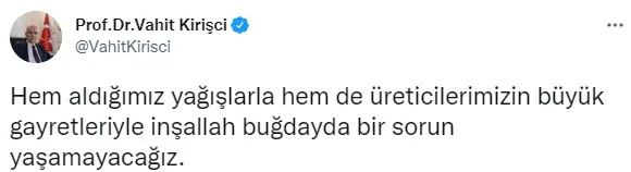 Tarım ve Orman Bakanı Vahit Kirişci’den buğday açıklaması