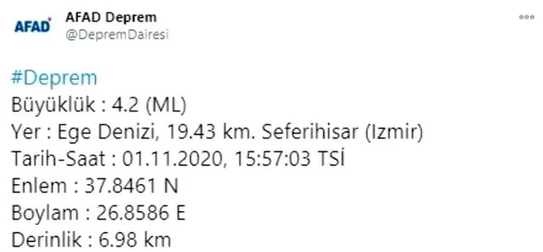 Son dakika | İzmir Seferihisar'da 4,2 büyüklüğünde deprem | Son depremler (AFAD-Kandilli son depremler) - 1