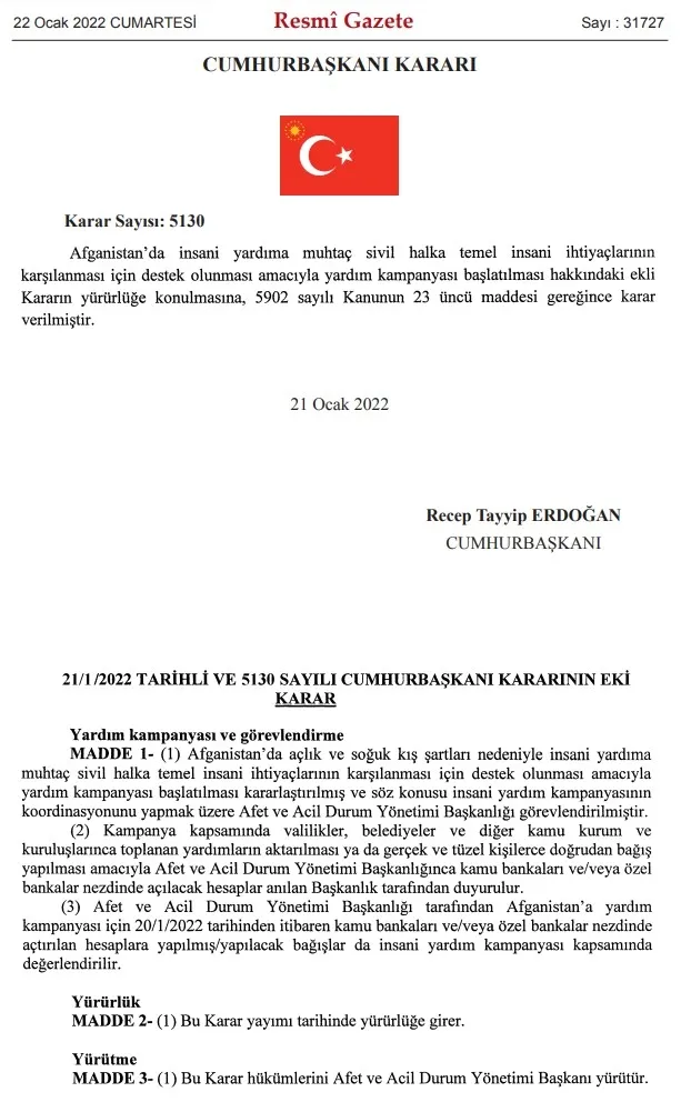 Afganistan için yardım kampanyası başlatılması kararı Resmi Gazete’de