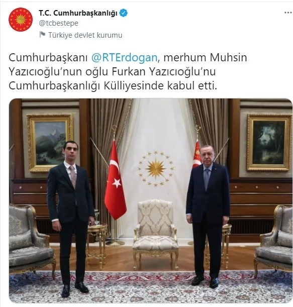 Başkan Erdoğan Muhsin Yazıcıoğlu’nun oğlu Furkan Yazıcıoğlu’nu kabul etti