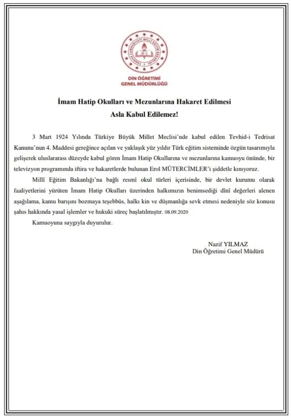 Milli Eğitim Bakanlığı imam hatipliler hakkında küstah açıklamalar yapan Erol Mütercimler hakkında yasal süreç başlattı