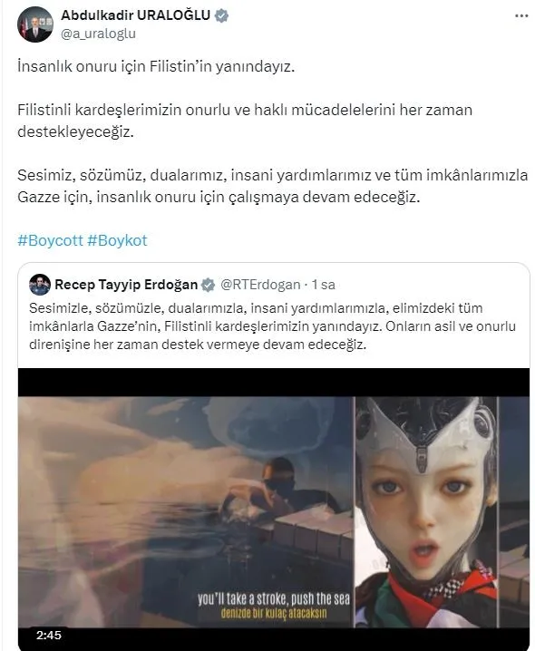 baskan-erdogandan-boykot-mesajli-paylasim-filistinli-kardeslerimizin-yanindayiz-1726513948693.jpeg Başkan Erdoğan'dan "boykot" mesajlı paylaşım! Filistinli kardeşlerimizin yanındayız