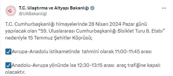 cumhurbaskanligi-bisiklet-turu-nedeniyle-bazi-yollar-trafige-kapatilacak-1712258966576.jpeg Ulaştırma ve Altyapı Bakanlığı duyurdu! Cumhurbaşkanlığı Bisiklet Turu nedeniyle bazı yollar trafiğe kapatılacak - 1