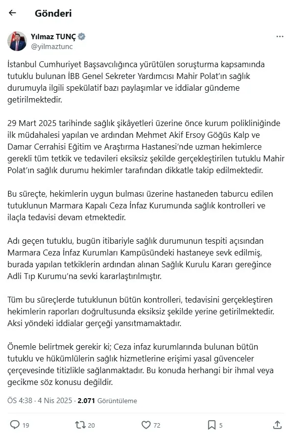 Adalet Bakanı Tunç'tan Mahir Polat açıklaması: İddialar gerçek değil! Tedavisi devam ediyor - 1