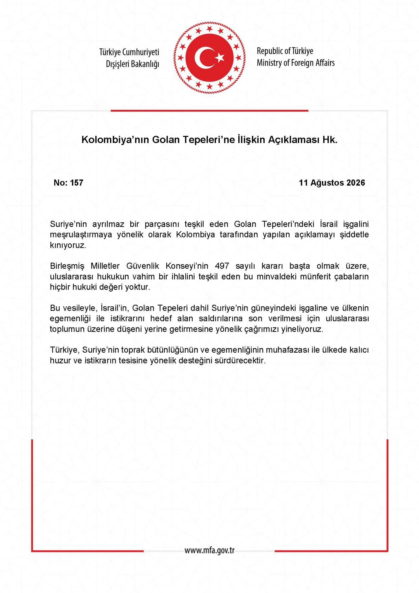 Dışişleri Bakanlığı'ndan Kolombiya'nın Golan Tepeleri Kararına Sert Tepki
