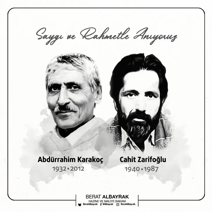 Son dakika: Hazine ve Maliye Bakanı Berat Albayrak Abdurrahim Karakoç ve Cahit Zarifoğlu’nu yad etti