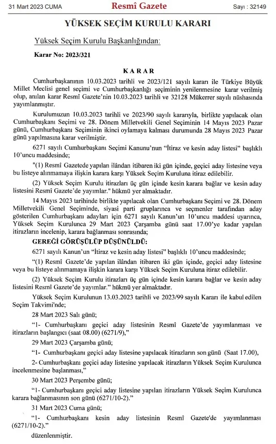 Son dakika: Cumhurbaşkanı seçimi kesin aday listesi Resmi Gazete’de! propaganda süreci bugün başlıyor
