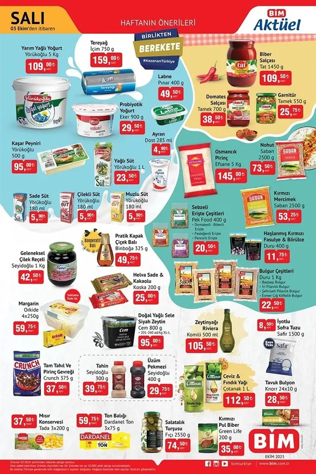 3 Ekim BİM aktüel ürünler kataloğu yayınlandı! Yeni ayın ürünleri arasında 159 TL’ye tereyağı 109 TL’ye 5kg yoğurt, 95 TL’ye 500 gr kaşar peynir satılıyor