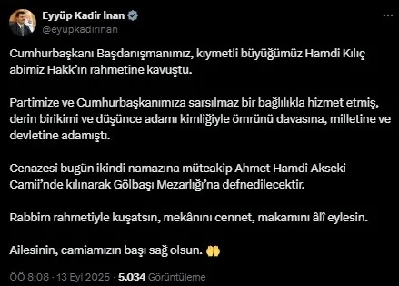 cumhurbaskani-basdanismani-hamdi-kilic-hayatini-kaybetti-ak-partiden-taziye-mesaji-1757746245640.jpeg AK Parti Genel Sekreteri Eyyüp Kadir İnan'ın Hamdi Kılıç'la ilgili paylaşımı (X)