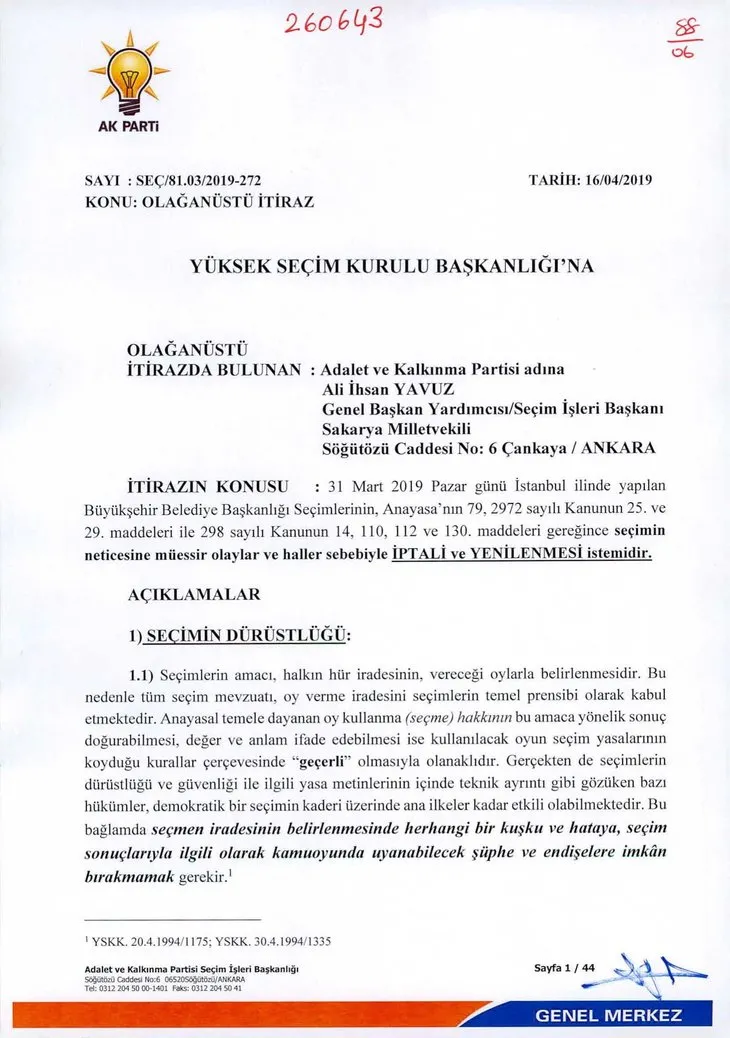 AK Parti’nin İstanbul’daki usulsüzlükler için hazırladığı 44 sayfalık dilekçe