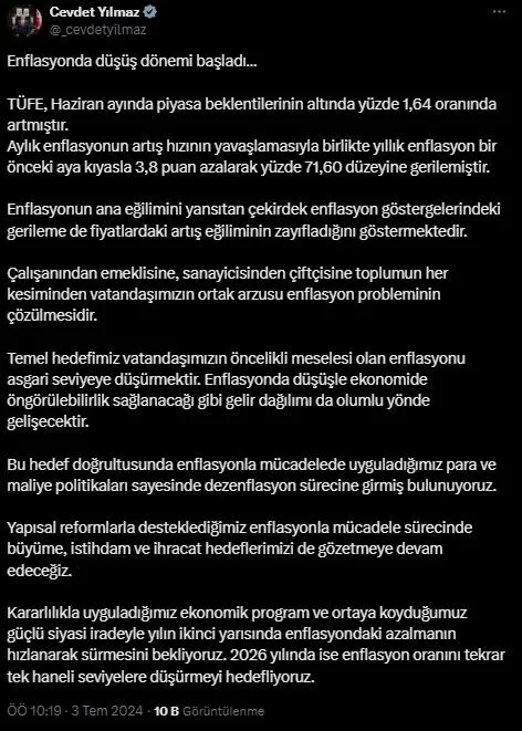 Enflasyonda yıllık bazda düşüş başladı! TÜİK Haziran 2024 dönemi enflasyon oranını açıkladı | Bakan Mehmet Şimşek’ten ilk değerlendirme