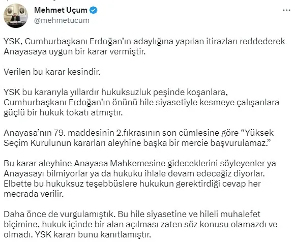 cumhurbaskani-basdanismani-mehmet-ucum-ysknin-karalari-aleyhine-aymye-basvurulamaz-1680293412067.jpg Cumhurbaşkanı Başdanışmanı Mehmet Uçum: YSK’nın kararları aleyhine AYM’ye başvurulamaz - 7