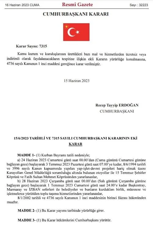 Kurban Bayramı tatili boyunca köprü ve otoyollar ücretsiz! Karar Resmi Gazete’de yayımlandı