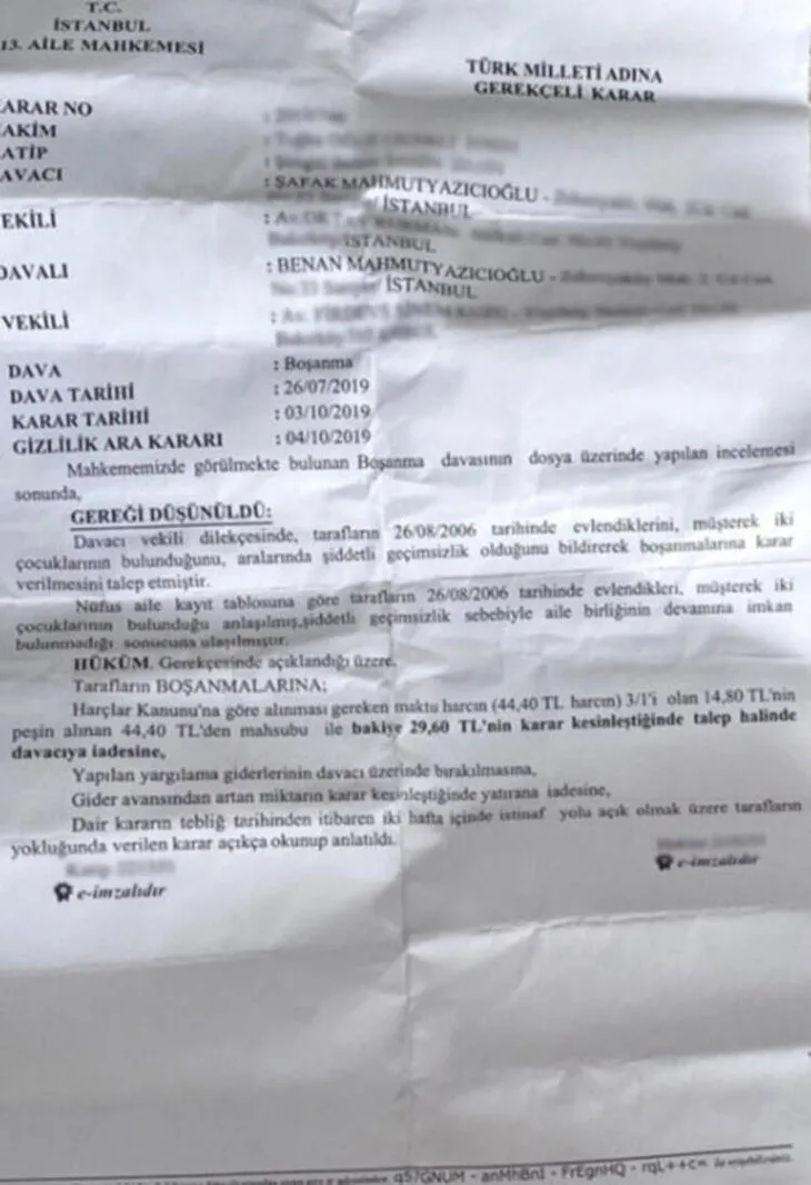 Şafak Mahmutyazıcıoğlu’nun boşanma belgesini paylaşan Ece Erken hakkında suç duyurusu!