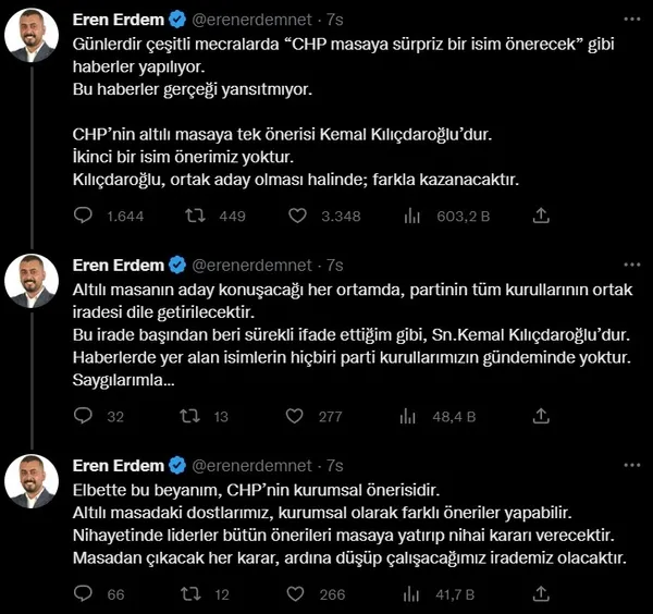 CHP’nin ’sürpriz aday’ çelişkisi: Fikri Sağlar ’aday masadan değil’ Eren Erdem ’Kılıçdaroğlu’ dedi