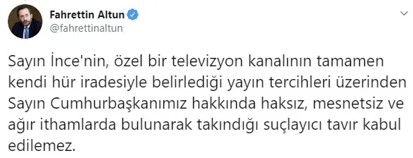 Katıldığı programın Başkan Erdoğan’a bağlanması üzerine yayını terk eden CHP’li Muharrem İnce’ye cevap