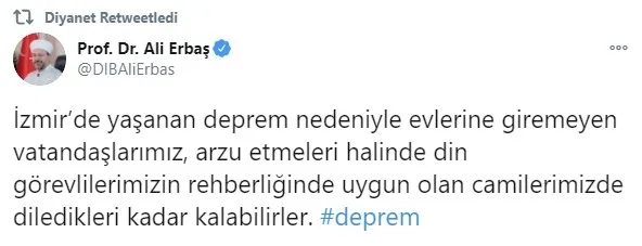 Diyanet İşleri Başkanı Ali Erbaş'tan İzmir halkına deprem çağrısı