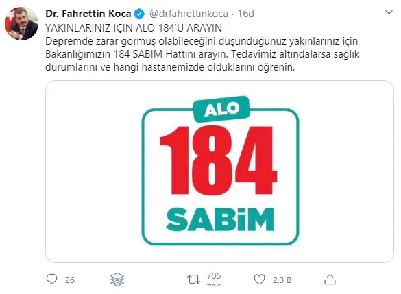 Son dakika: Sağlık Bakanı Koca’dan İzmir depremi sonrası flaş çağrı: Yakınlarınız için ALO 184’ü arayın