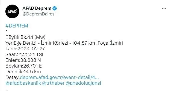 İzmir deprem son dakika 2023! 27 Şubat İzmir’de deprem mi oldu, kaç büyüklüğünde? AFAD ve Kandilli son depremler...