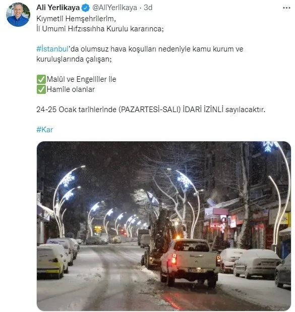 İstanbul Valisi Ali Yerlikaya duyurdu: Malûl ve engelliler ile hamile olanlar 2 gün idari izinli olacak - 1