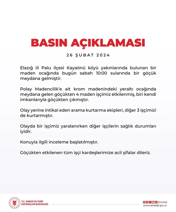 Elazığ Palu’da maden ocağında göçük! Toprak altında kalan tüm işçiler kurtarıldı