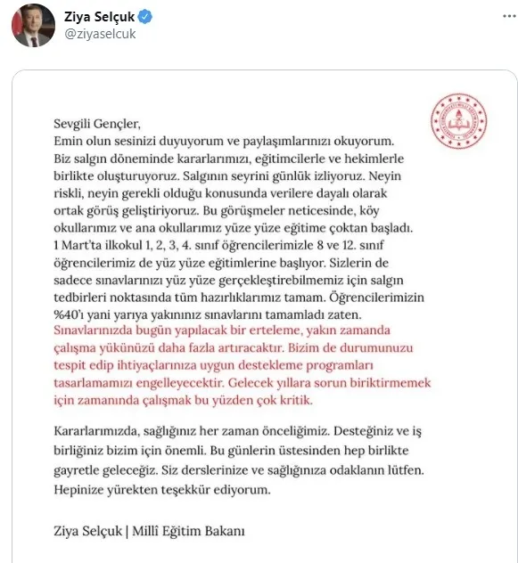 Son dakika: Milli Eğitim Bakanı Selçuk’tan yüz yüze sınav açıklaması! Sınavlar ertelenecek mi? Yüz yüze sınavlar yapılacak mı?