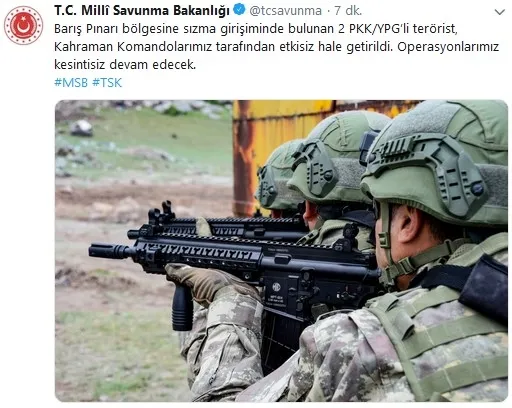 Son dakika: MSB: Barış Pınarı bölgesine sızma girişiminde bulunan teröristler öldürüldü - 1