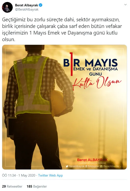 Son dakika: Hazine ve Maliye Bakanı Berat Albayrak'tan 1 Mayıs mesajı - 1