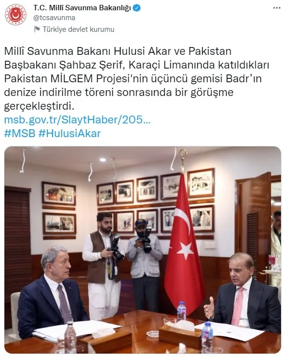 Milli Savunma Bakanı Hulusi Akar Pakistan Başbakanı Şerif ile görüştü