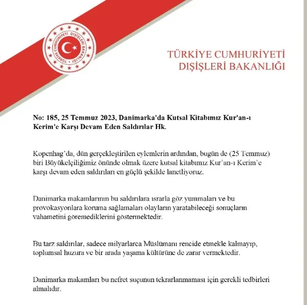 Türk Dışişleri Bakanlığı: Kur’an-ı Kerim’e karşı devam eden saldırıları en güçlü şekilde lanetliyoruz