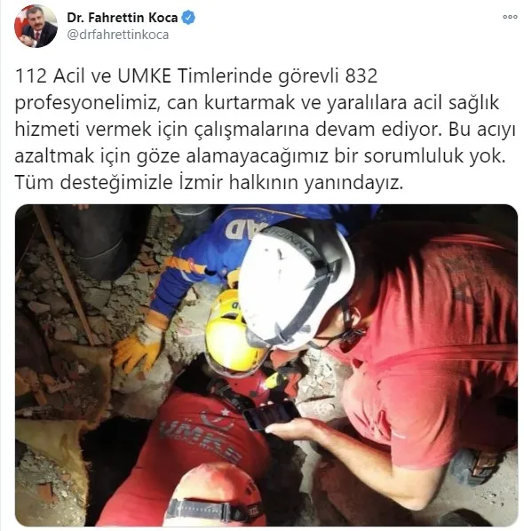 Sağlık Bakanı Fahrettin Koca’dan İzmir depremi mesajı! İzmir halkının yanındayız