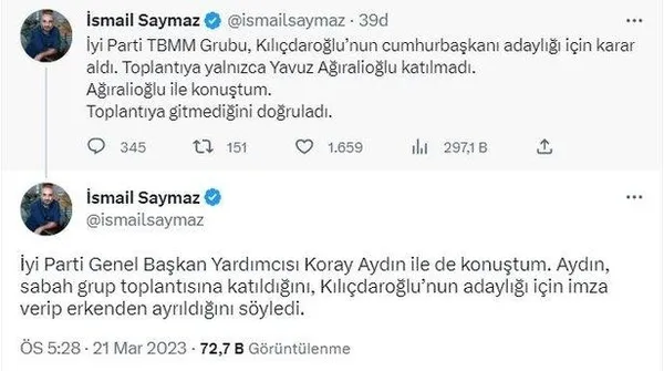 İYİ Parti’de Kemal Kılıçdaroğlu çatlağı! Yavuz Ağıralioğlu toplantıya katılmadı Koray Aydın erkenden ayrıldı