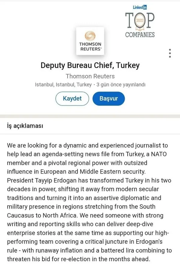 Reuters’tan skandal iş ilanı: Başkan Erdoğan düşmanlığı yapabilecek birisini arıyorlar!