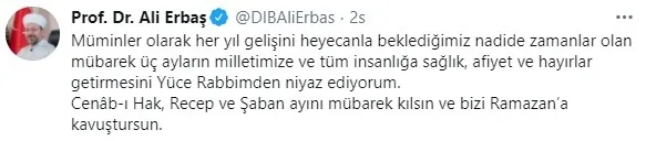 Diyanet İşleri Başkanı Ali Erbaş'tan "üç aylar" mesajı