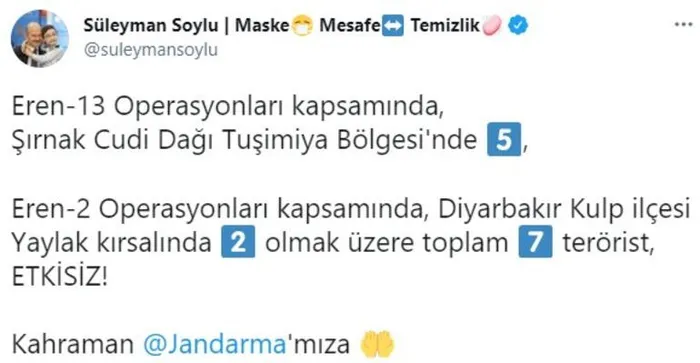 Son dakika: İçişleri Bakanı Süleyman Soylu duyurdu! Şırnak ve Diyarbakır’da 7 terörist etkisiz hale getirildi