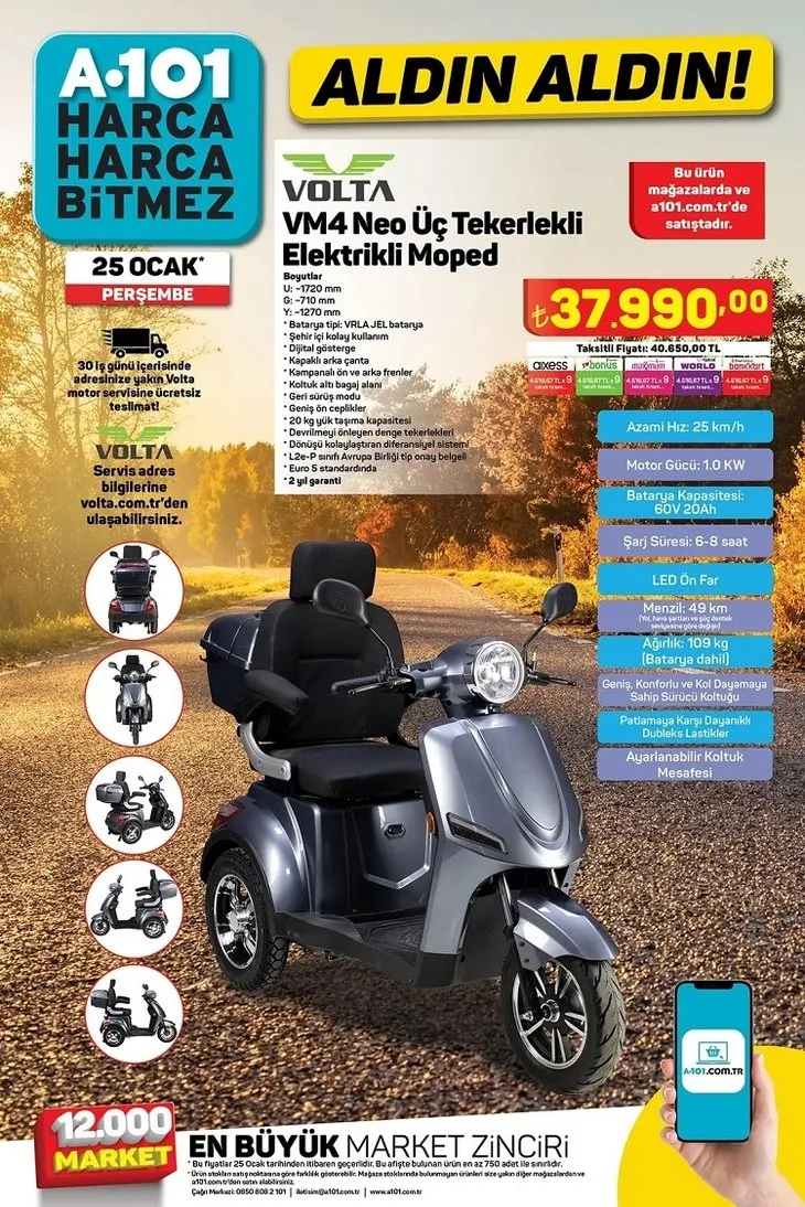 25 Ocak A101 aktüel ürünler karaloğu yayınladı! Bu hafta uygun fiyata Erba Karavan 4.00 Çekme Karavan, Volta VM4 Neo 3 Tekerlekli Elektrikli Moped geliyor