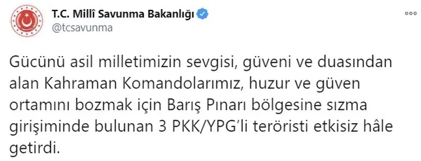 Son dakika: Barış Pınarı bölgesinde 3 terörist etkisiz hale getirildi - 1