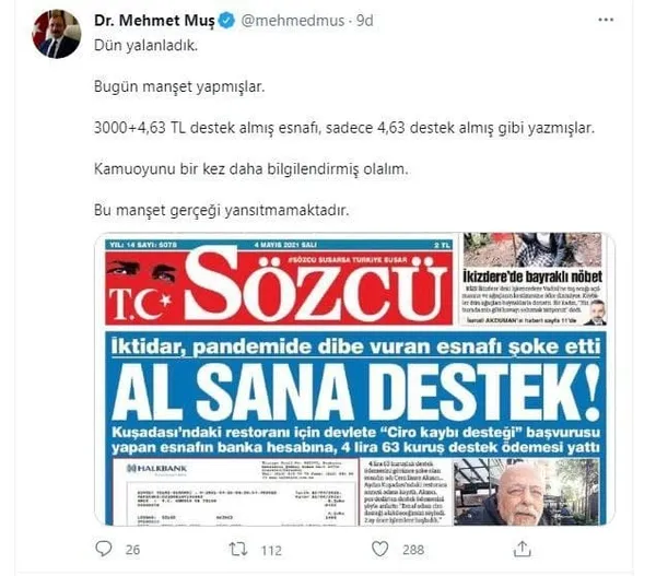 Sözcü Gazetesi yalana doymuyor! Ticaret Bakanı Dr. Mehmet Muş’tan Sözcü Gazetesi’ne tokat gibi cevap