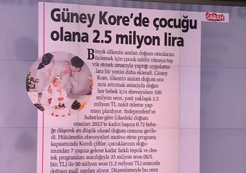 Güney Kore'de çocuğu olana 2.5 milyon lira