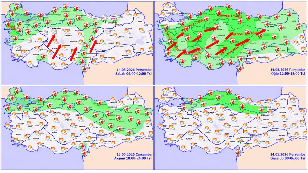 saganak-yagis-yurt-genelini-etkisi-altina-alacak-39-il-icin-firtina-hortum-ve-dolu-uyarisi-1778710491109.png Meteoroloji'den yapılan 14 Mayıs tarihli saatlik hava durumu raporuna göre sabah saatleri Marmara'dan başlayacak kuvvetli sağanak, öğleden sonra Karadeniz bölgesine doğru ilerleyerek tüm yurtta etkili olacak. (Foto: MGM - Ekran Görüntüsü)