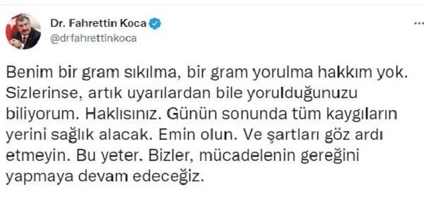 Sağlık Bakanı Fahrettin Koca’dan dikkat çeken paylaşım: Benim yorulmaya hakkım yok