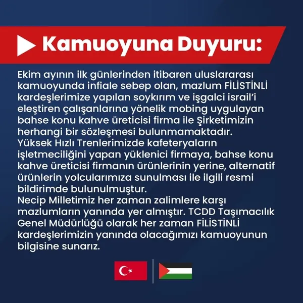 TCDD talimatı verdi! İşgalci İsrail’e destek veren Starbucks hızlı trenlerden kaldırılacak