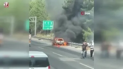 Otoyolda yanan araç orman yangını çıkardı