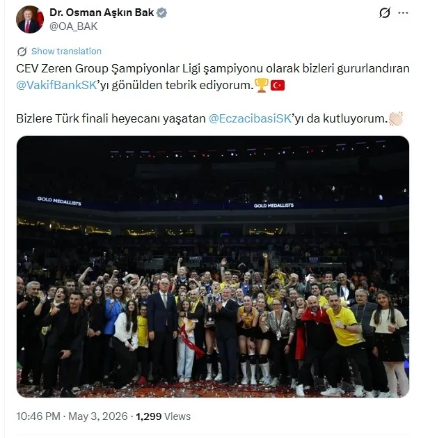 avrupanin-zirvesinde-7-sampiyonluk-turk-finalinde-kazanan-vakifbank-oldu-baskandan-tebrik-1777839951222.jpeg Bakan Bak'tan CEV Şampiyonlar Ligi şampiyonu VakıfBank Kadın Voleybol Takımı'na tebrik