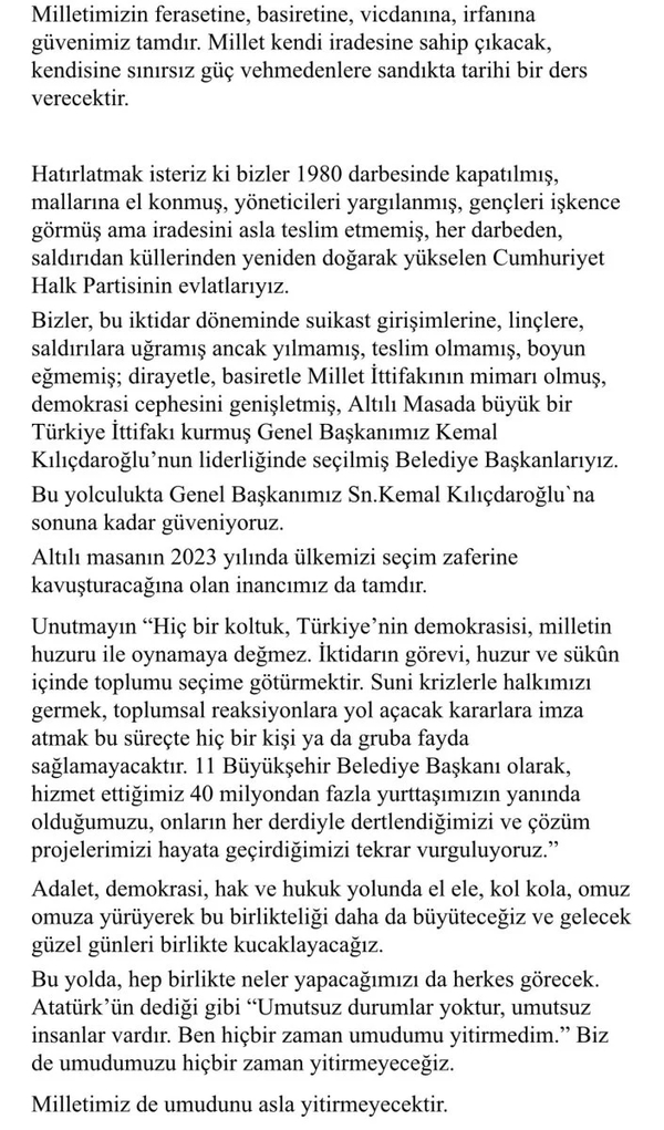 Saraçhane şovu sonrası Meral Akşener’e bir darbe daha! CHP’li 11 büyükşehir belediye başkanından ortak bildiri: Kılıçdaroğlu’na sonuna kadar güveniyoruz